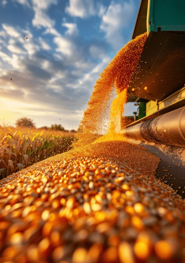 Corn harvester unloads a stream of kernels into a trailer at sunset with sunlit farmland behind it.