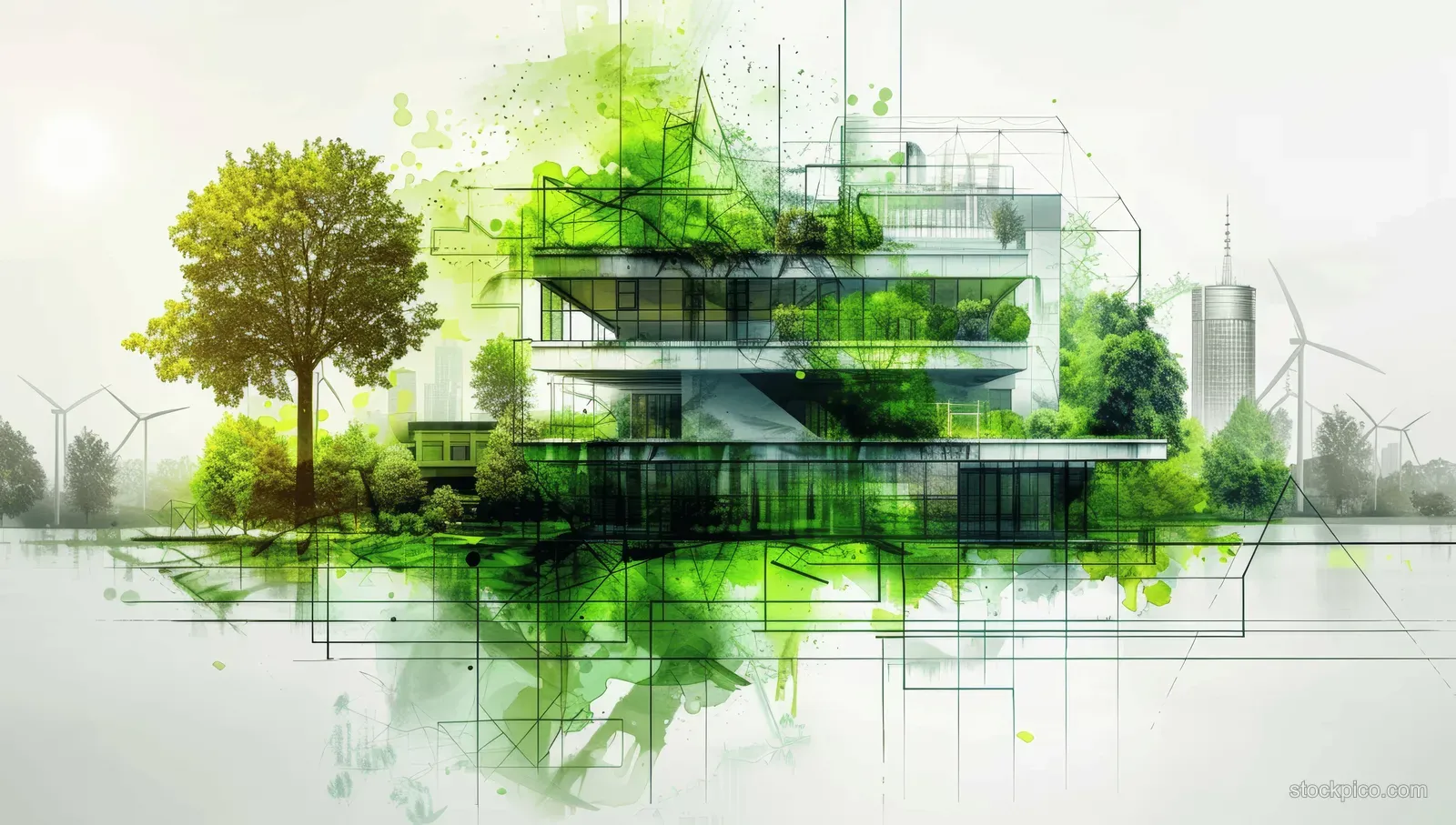 Green industrial building design with solar panels and wind turbines overlaid on a futuristic city sketch.