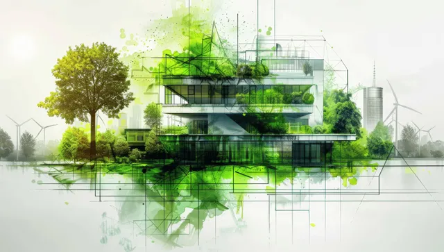 Green industrial building concept with solar panels, wind turbines, and city skyline sketch
