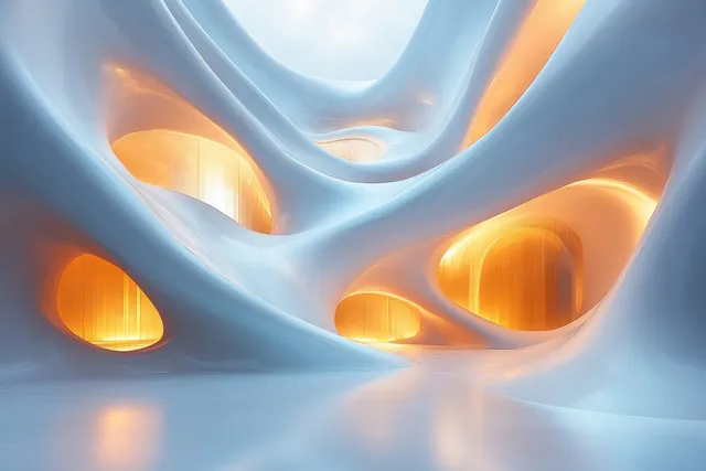White wave-like corridor interior curves with glowing orange light pockets and soft ambient illumination.