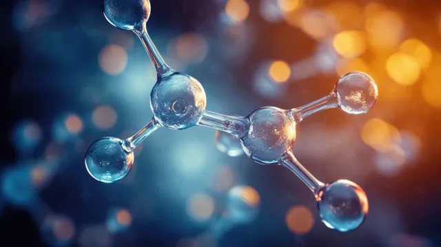 Glowing blue molecular spheres connected by bonds float over a soft bokeh chemistry background.