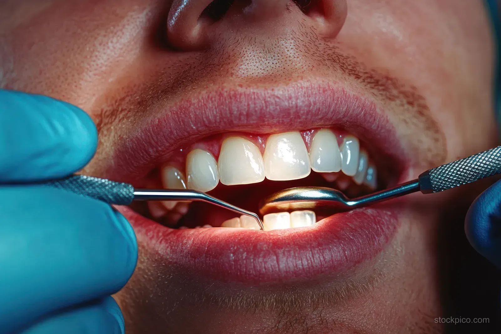 Dentist in blue gloves uses mirror and probe during a close-up dental exam of an open mouth.