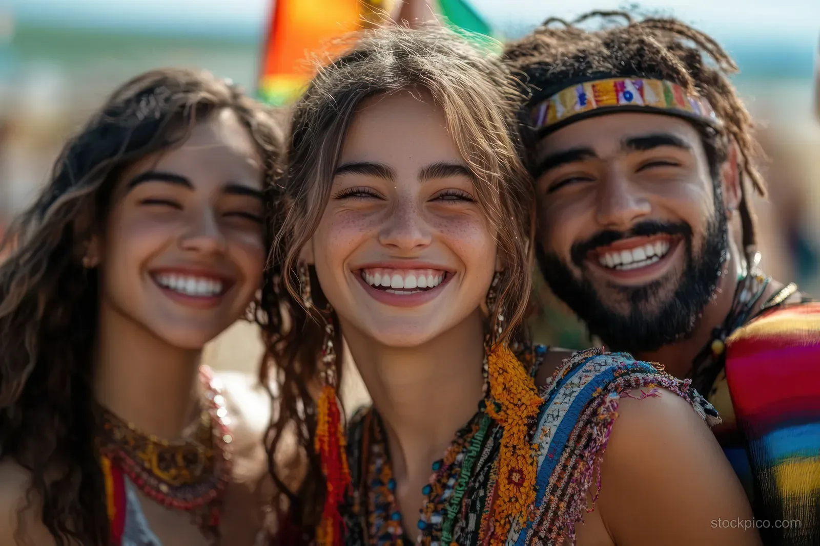 Three friends smile closely together outdoors wearing colorful bohemian outfits and accessories in bright sun.