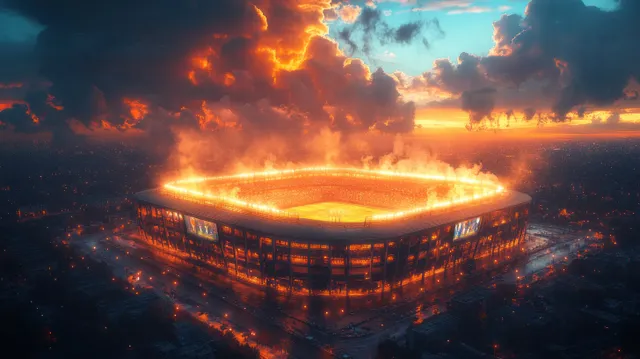 Cyberpunk cricket stadium at night with glowing floodlights, cheering crowd, and an illuminated pitch in a 3D scene.