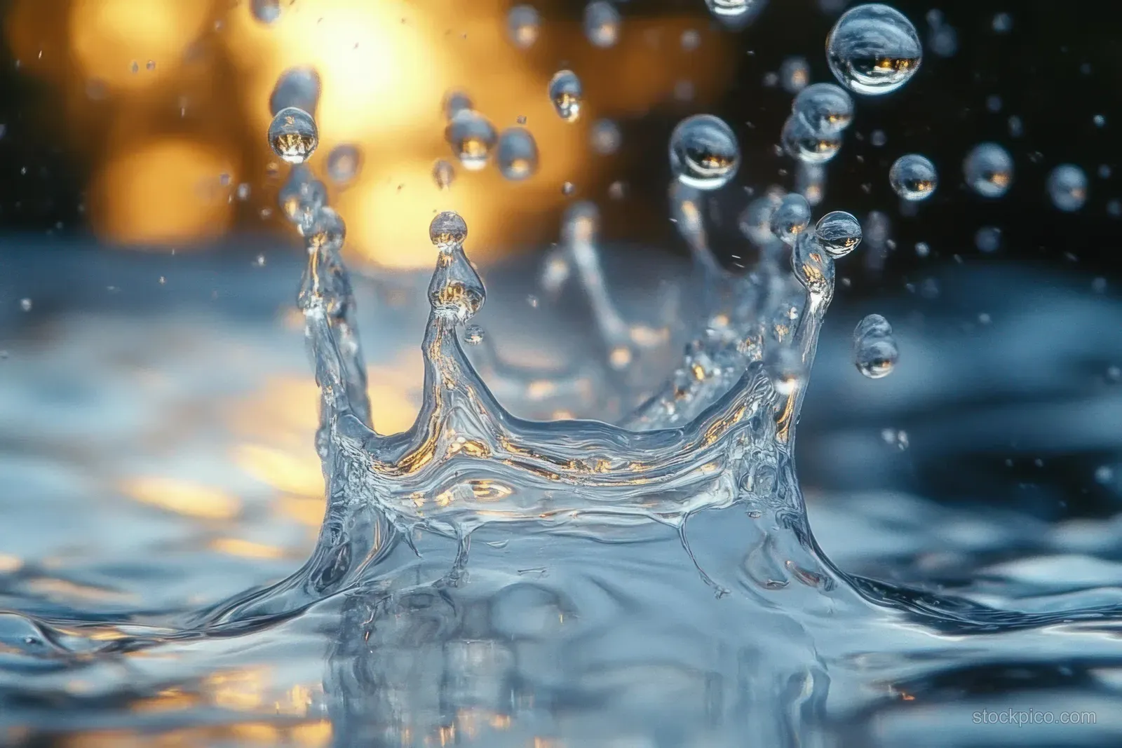 Macro water droplets suspended mid-splash with glossy reflections and rippling liquid behind them.