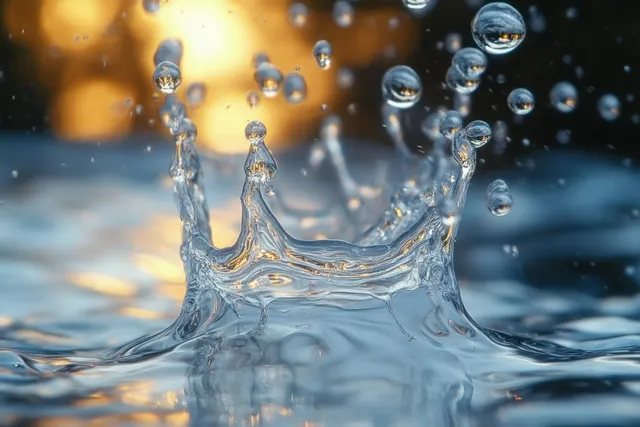 Macro water droplets suspended mid-splash with glossy reflections and rippling liquid behind them.