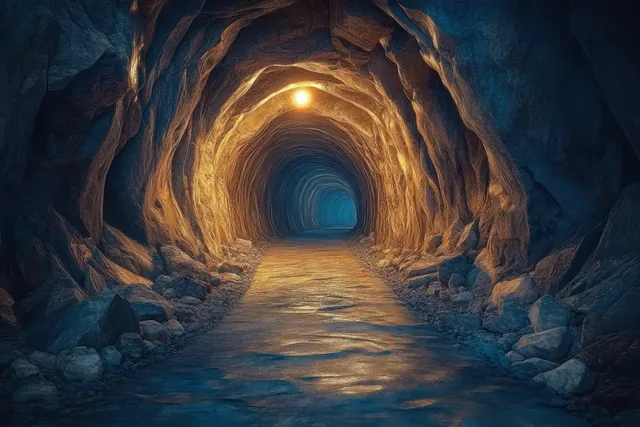 Illuminated rocky tunnel interior with glowing light and fading path into darkness