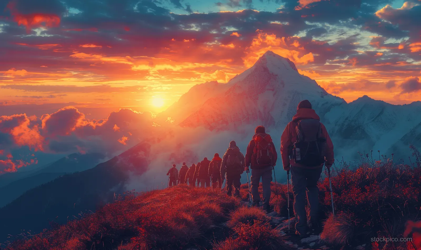 Hikers trek along a rocky mountain ridge at sunset, walking in a line toward a bright peak under clouds.