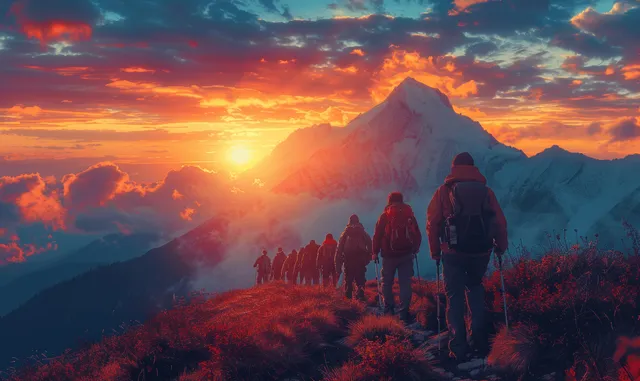 Excursionistas recorren una cresta montañosa rocosa al atardecer, caminando en fila hacia una cumbre brillante bajo las nubes.