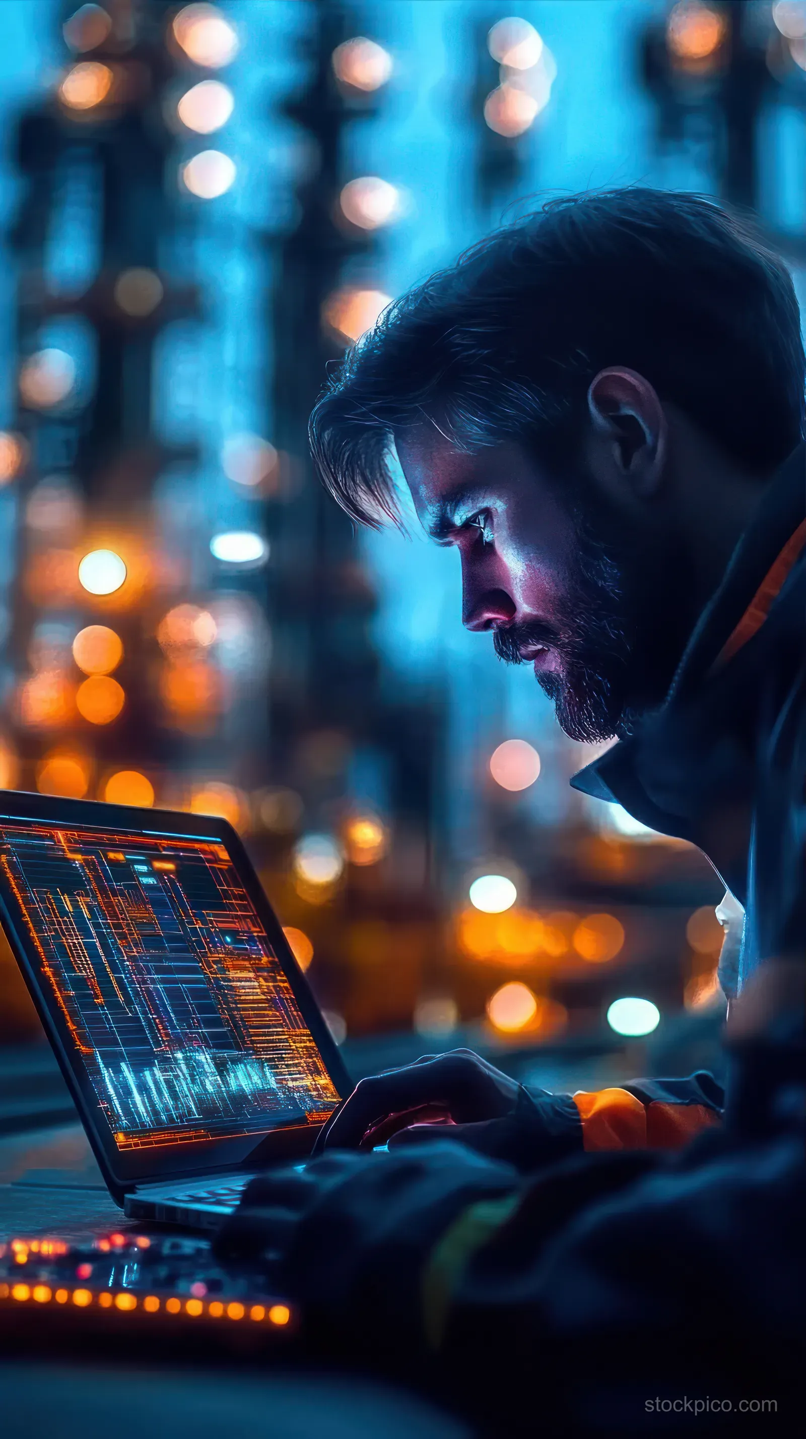 Focused engineer typing on a laptop with glowing code and data screens amid blurred industrial lights at night.