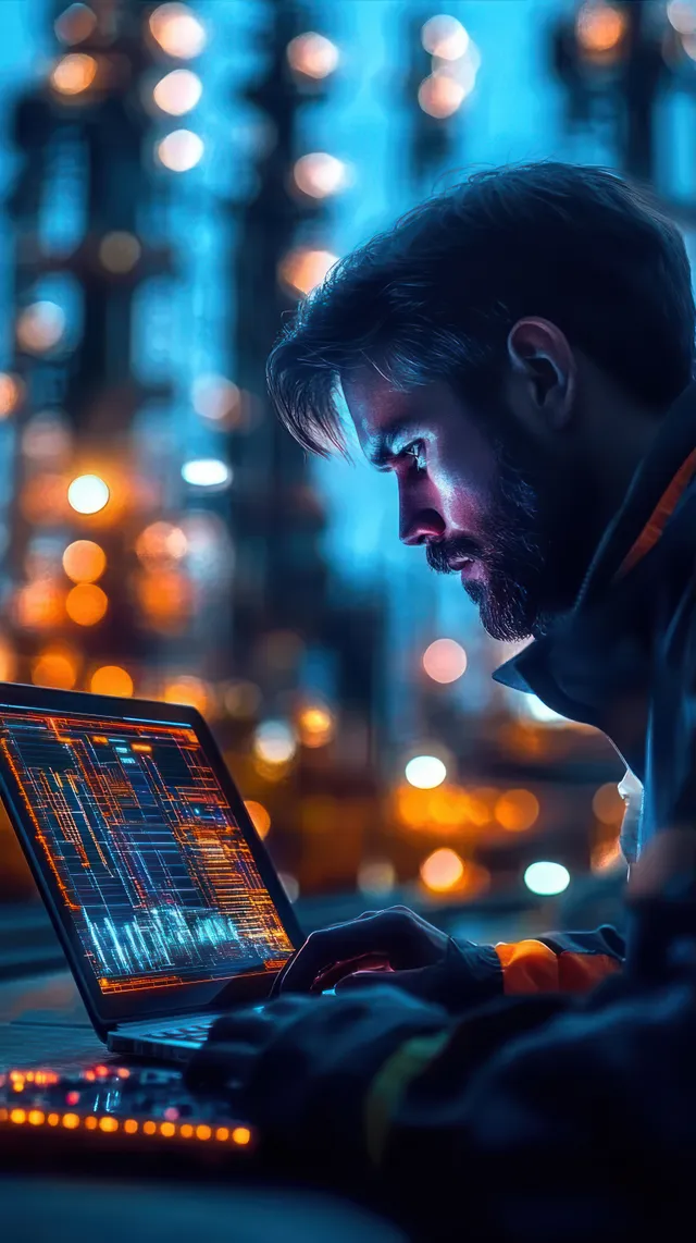 Focused engineer typing on a laptop with glowing code and data screens amid blurred industrial lights at night.