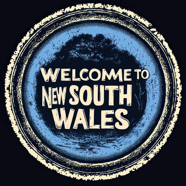 Vintage circular sign reading welcome to New South Wales with a tree silhouette.
