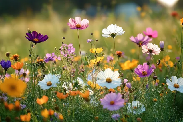 Bees hover over wildflower meadow under warm sunlight with vivid orange and pink blooms