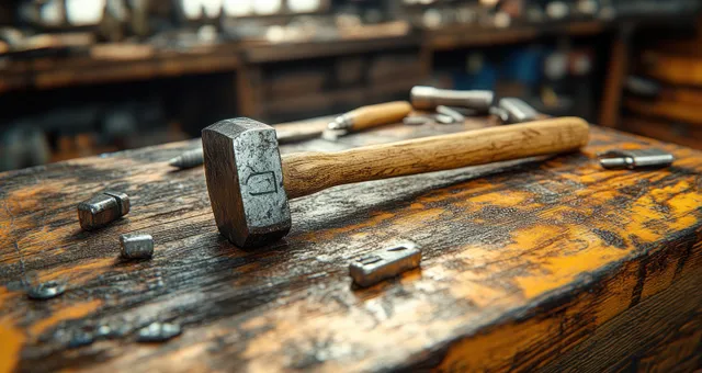 Hammer resting on scratched wooden workbench with scattered nails and tools