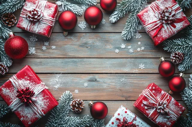 Wrapped Christmas gifts and red ornaments lie on rustic wooden planks with frosty pine branches around the edges.