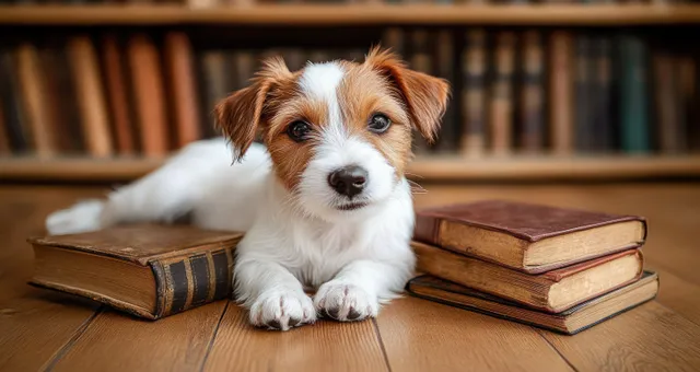 Small white-and-brown puppy lies on a wooden floor beside stacked old hardcover books in a softly blurred library scene.
