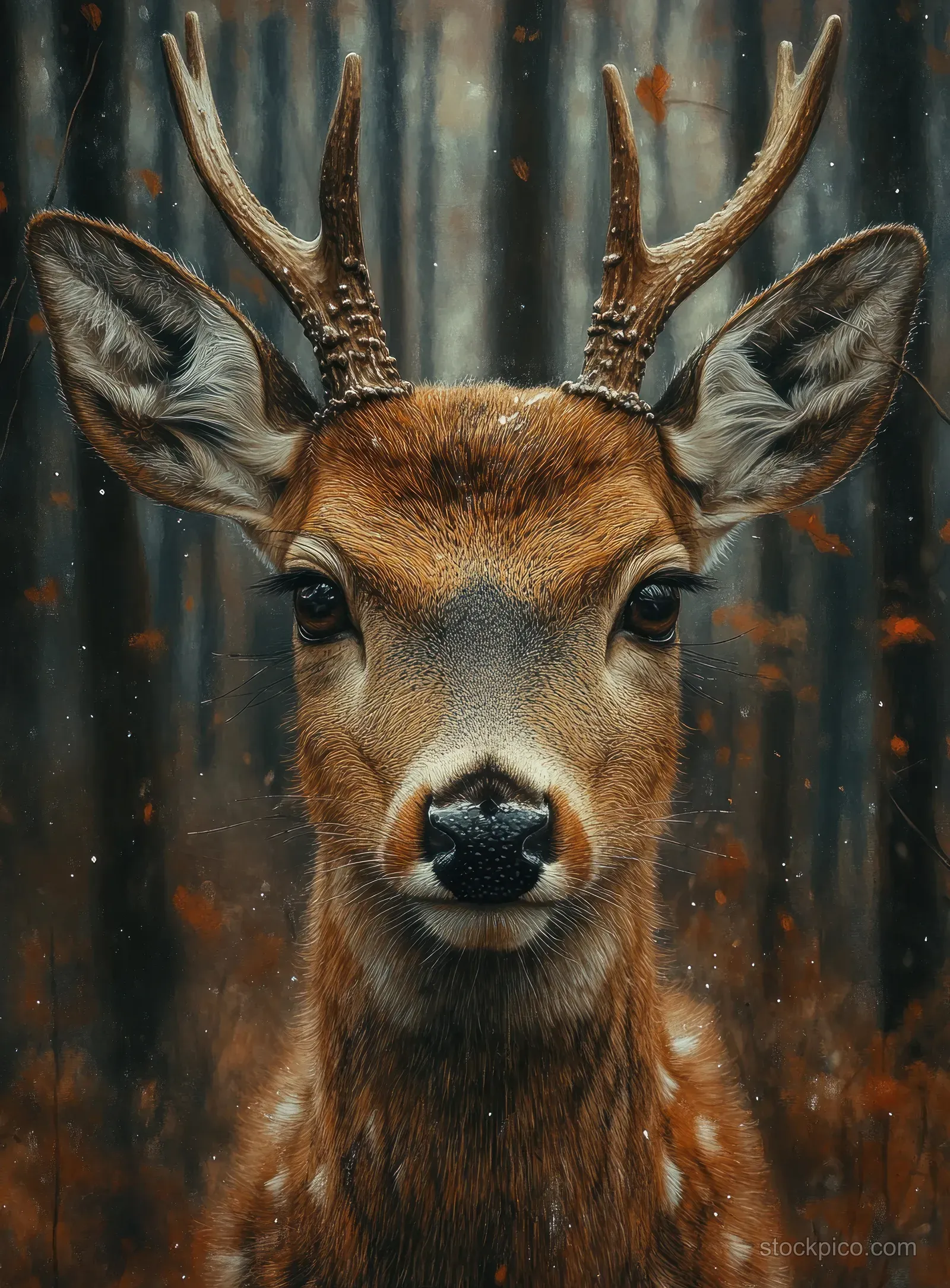 A deer stares forward in chiaroscuro lighting, its antlers and fur sharply detailed against a dark forest background.
