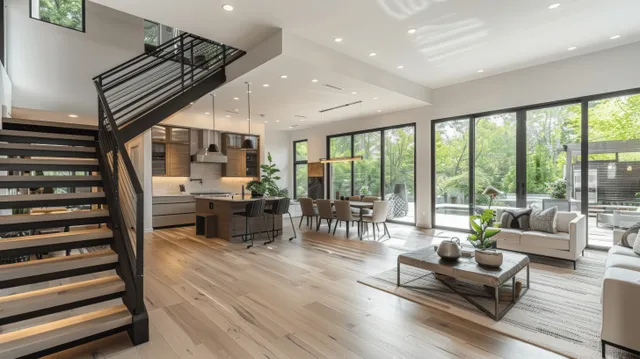 Open concept living room shows staircase, kitchen, dining table, and large windows with greenery outside.