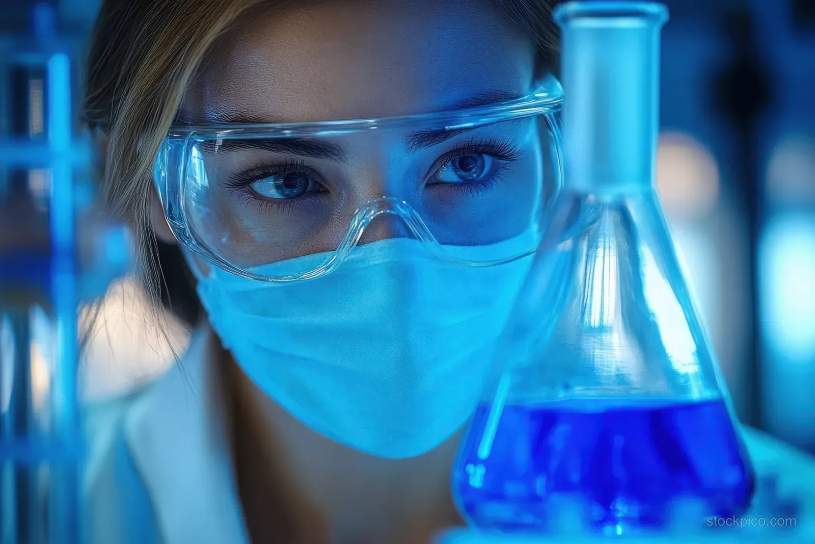 A masked woman in blue-tinted goggles examines a conical flask filled with glowing blue liquid in a laboratory.