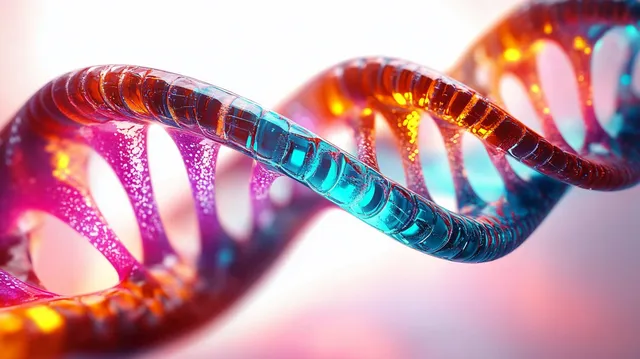 Glowing blue and orange DNA double helix in a soft gradient scientific illustration