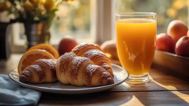Golden croissants on a plate beside orange juice and orange slices on a wooden table by a sunlit window.
