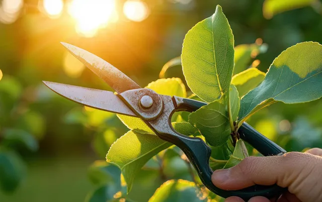 Hand holding pruning shears cutting fresh green leaves in warm backlit sunlight