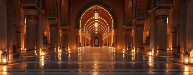 A long Arabian palace corridor with glowing lantern arches and warm light reflecting on dark floor tiles.