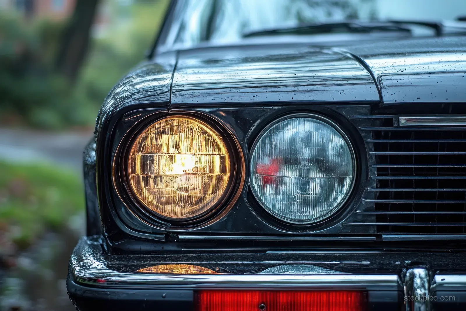Close-up of a black vintage car front with one headlight on, chrome bumper wet with water droplets.