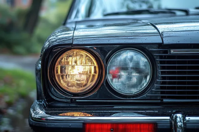 Close-up of a black vintage car front with one headlight on, chrome bumper wet with water droplets.
