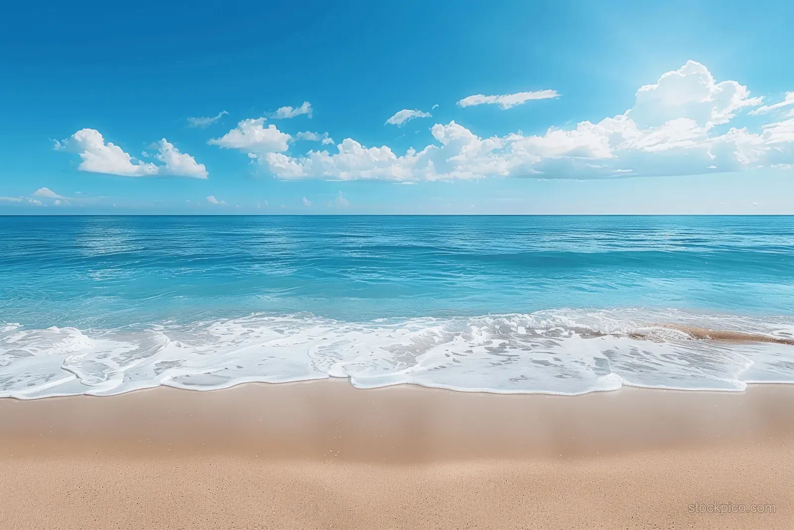 Blue waves wash onto a white sand beach under a clear sky.