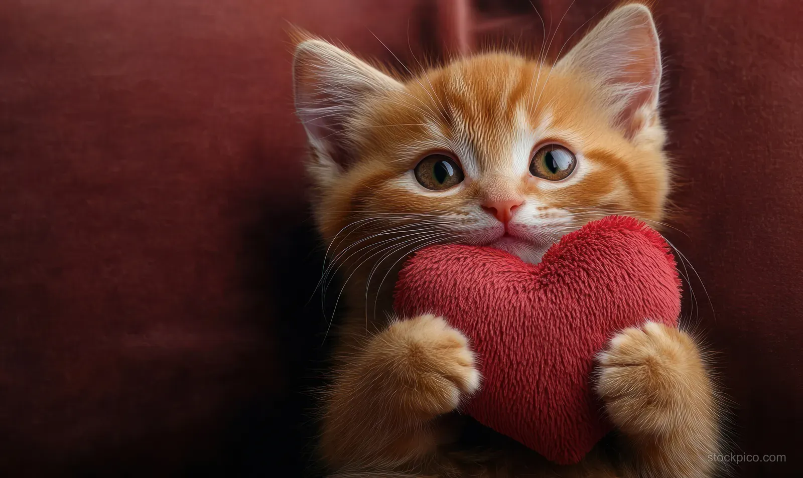 Orange kitten hugs a red heart-shaped plush toy against a dark brown background.