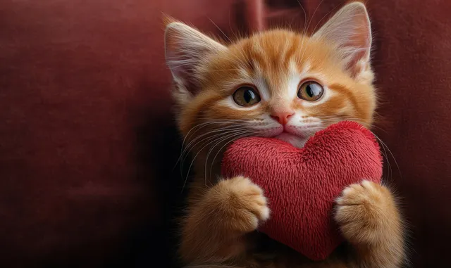 Orange kitten hugging a red heart plush toy against a dark brown couch