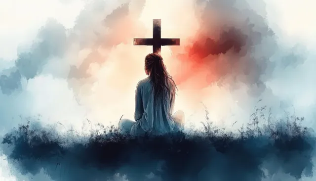 Woman kneeling in prayer before glowing cross amid misty watercolor clouds
