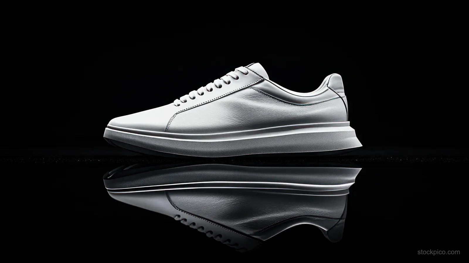 White leather lace-up sneaker on a glossy black surface with clear reflection beneath it.