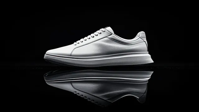 White leather lace-up sneaker resting on glossy black surface with mirror reflection