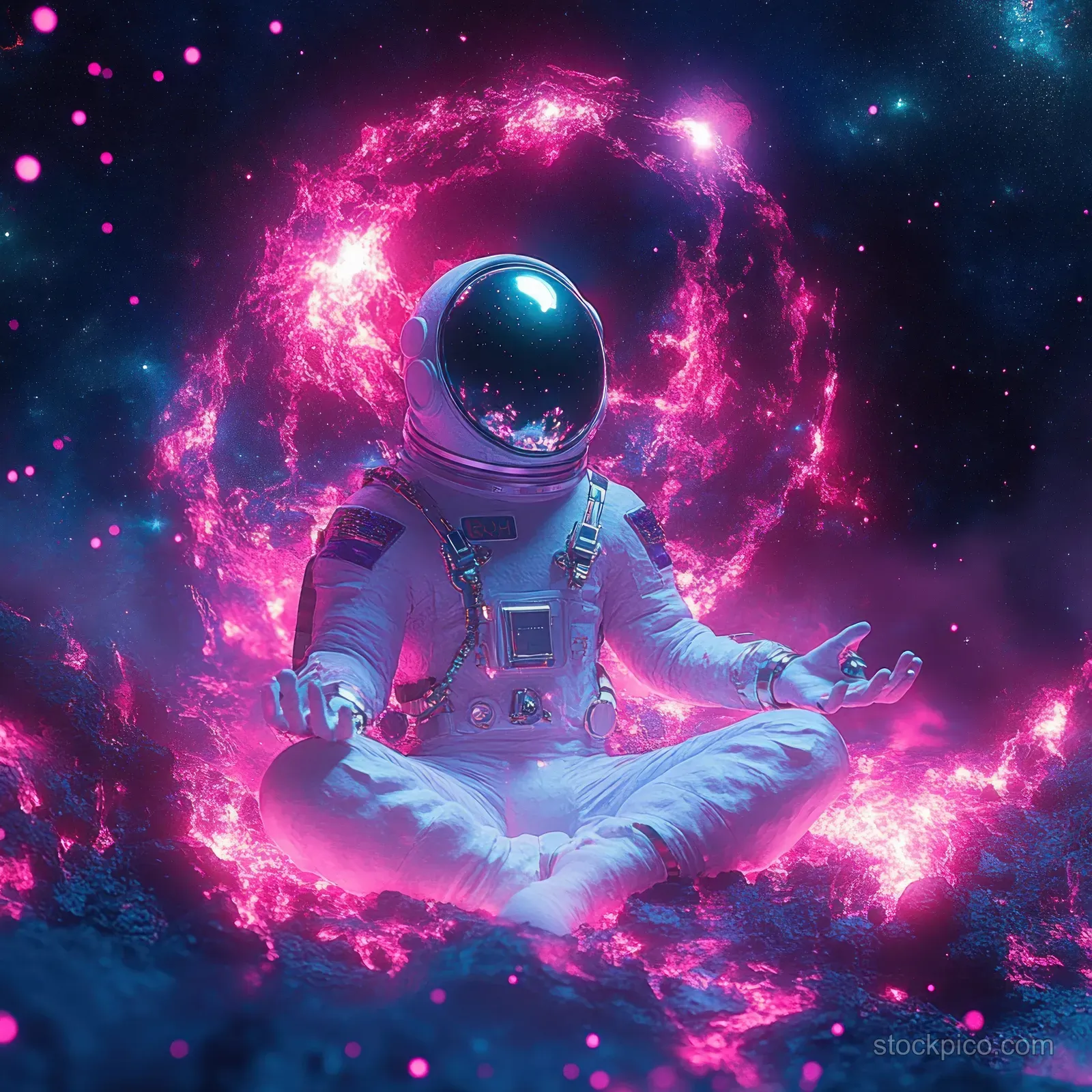Astronaut in a lotus pose floating in space, encircled by glowing pink and purple energy with stars behind.