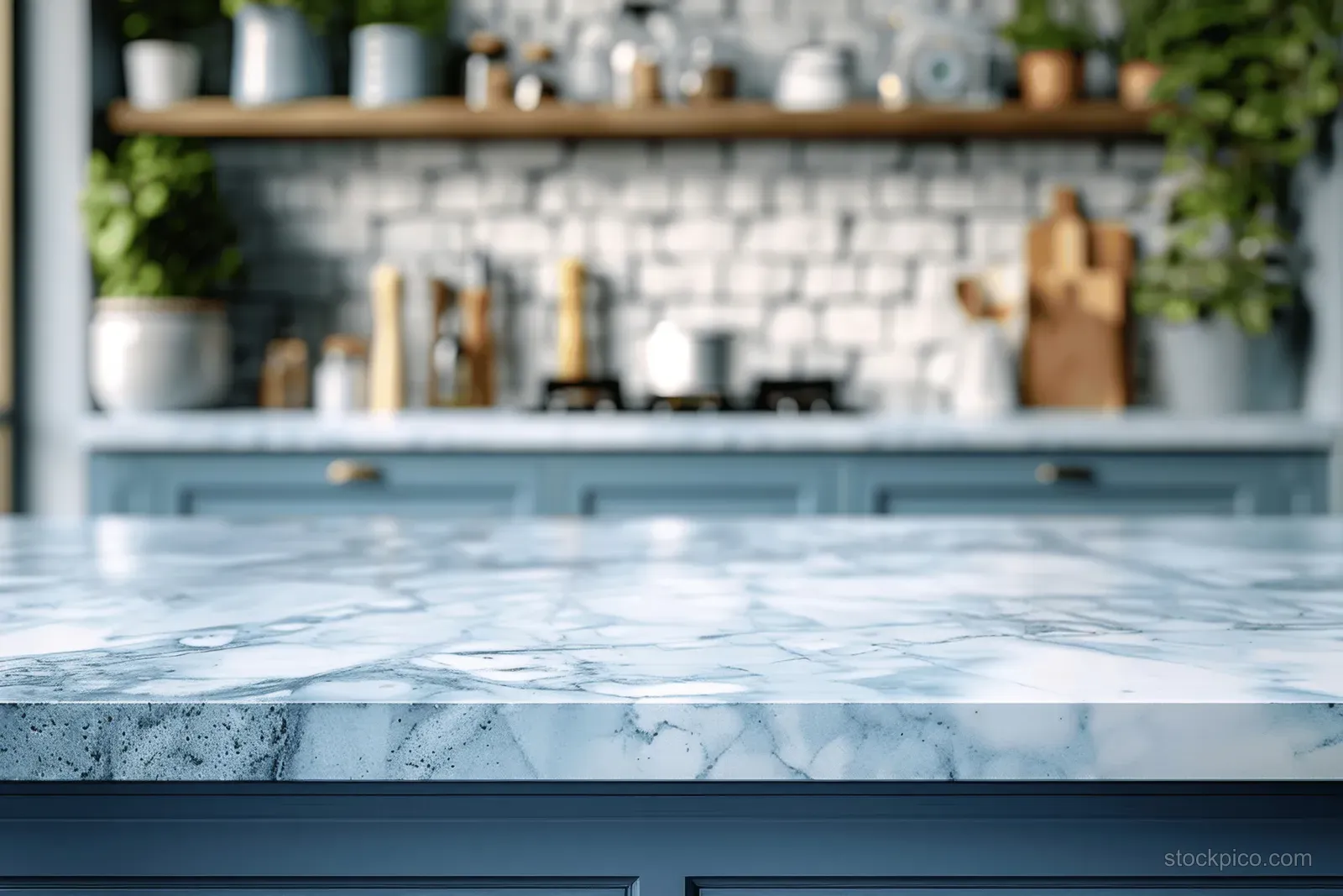 Close-up of a blue and white marble countertop with blurred kitchen shelves and cabinets in the background.