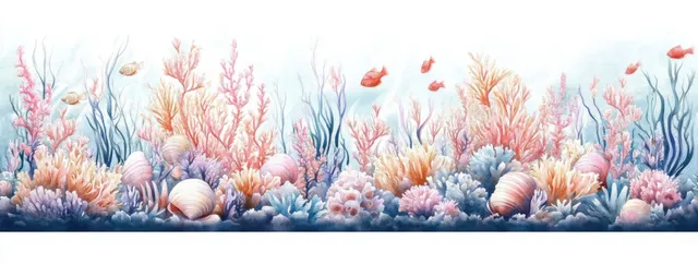 Underwater watercolor reef with pink coral, seashells, and drifting marine bubbles