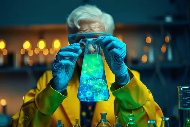 A gloved scientist holds a glowing blue flask in a laboratory while analyzing chemical samples under warm lights.