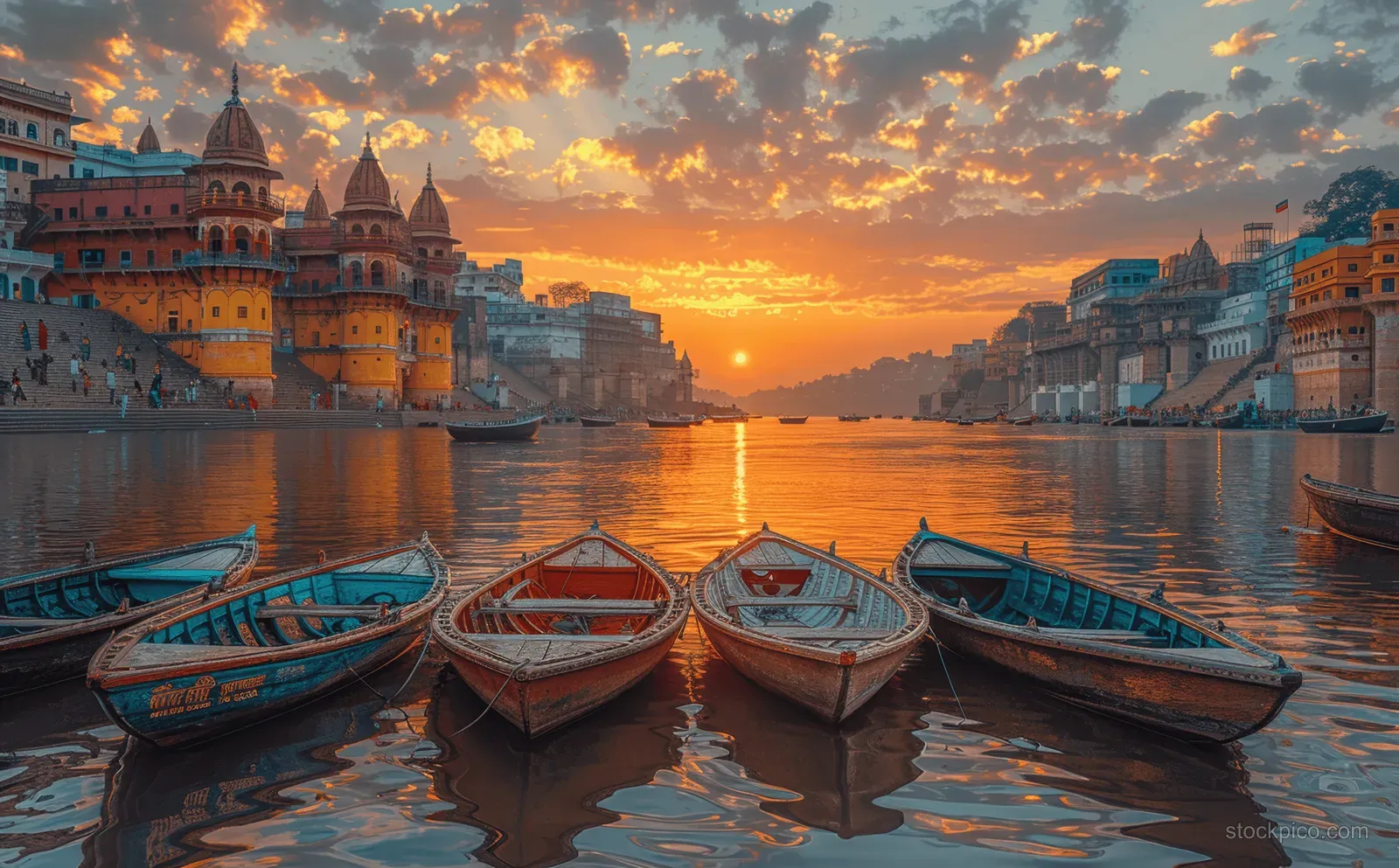 Several small boats float near Manikarnika Ghat while old temple buildings and a sunset sky reflect on the Ganga River.