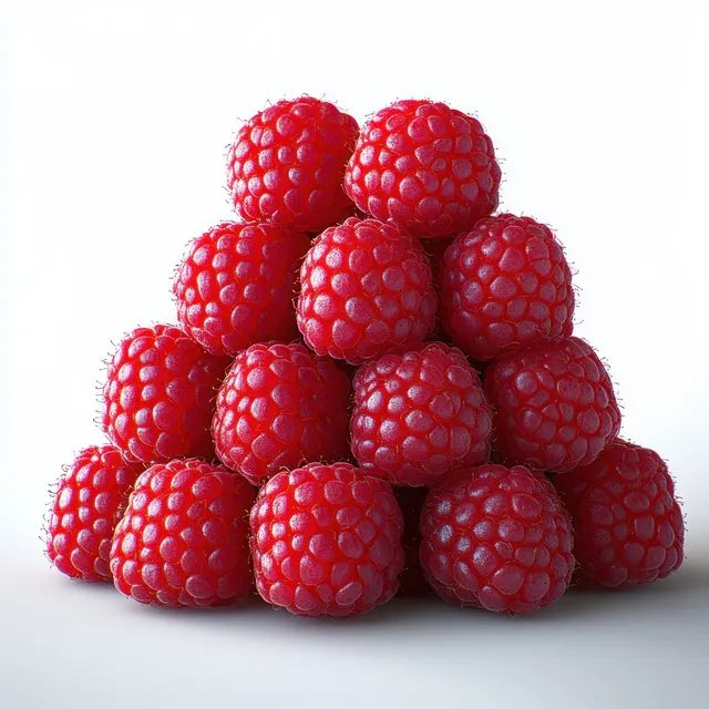 A pyramid of ripe red raspberries stacked on a clean white background, showing detailed bumpy texture.
