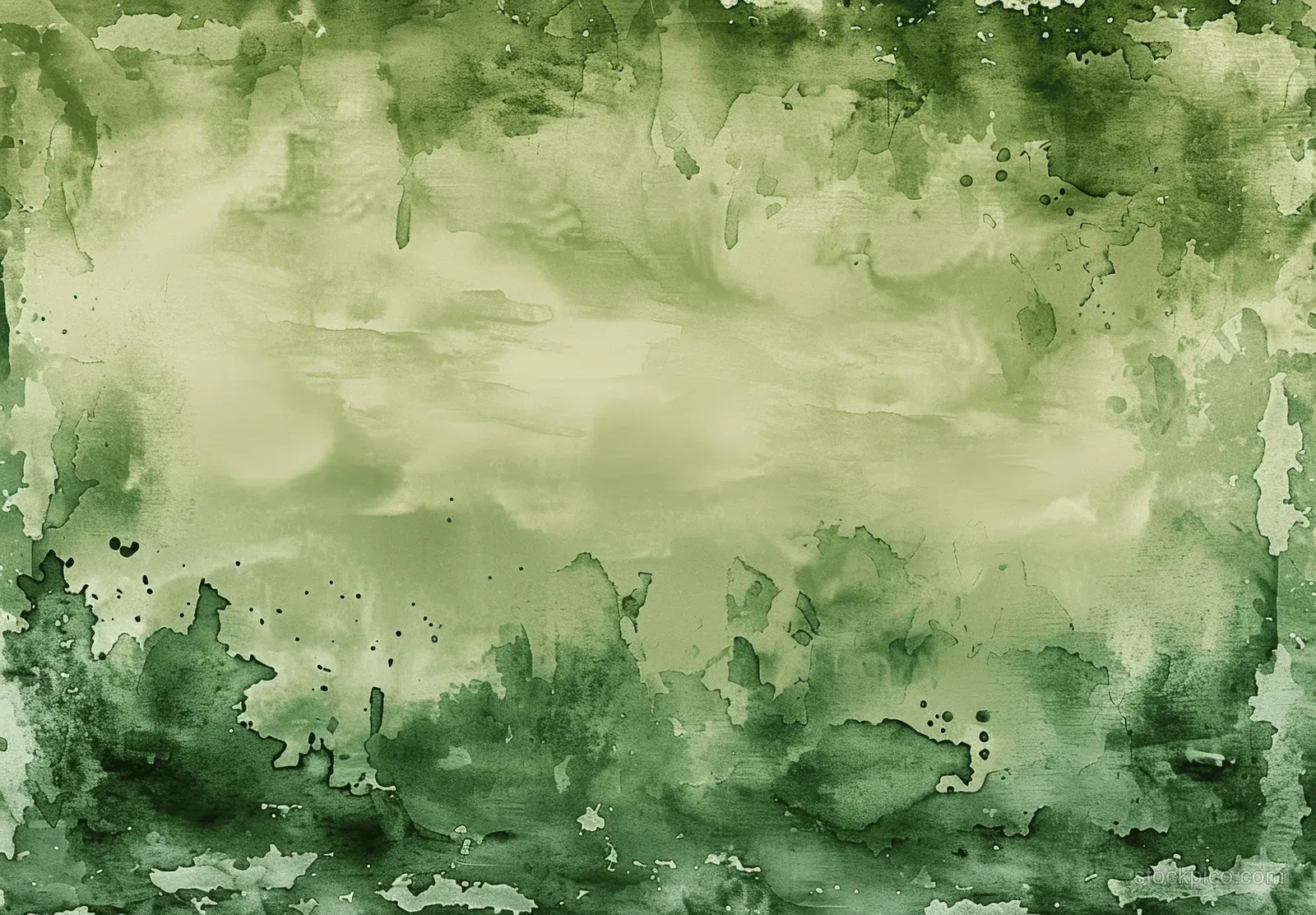 Olive green watercolor wash with scattered splatters and grunge speckles across a textured paper background.