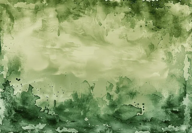 Olive green watercolor wash with scattered splatters and grunge speckles across a textured paper background.