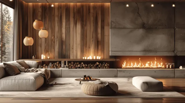 Cozy chalet living room with a lit stone fireplace, wooden wall panels, and warm hanging lamps over a low seating area.