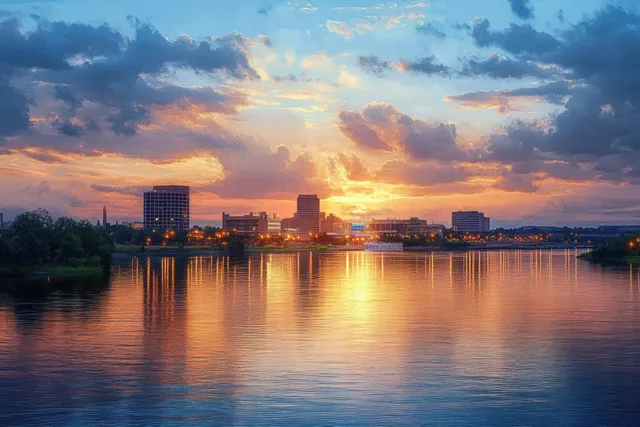 Evansville Indiana skyline at sunset over the Ohio River with glowing reflections and clouds