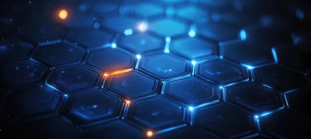Interconnected glowing blue hexagonal nodes with neon lines and orange points on a dark futuristic tech background.