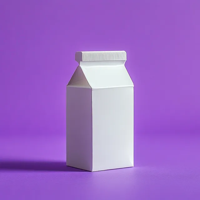 A white closed paper carton box stands upright on a purple surface against a plain purple background.
