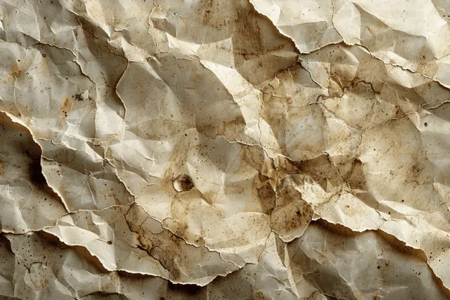 Cracked beige parchment rests on a rough concrete wall with creases, stains, and weathered grunge texture.
