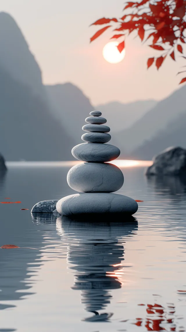 Stacked Zen Stones Floating in Calm Water at Sunrise