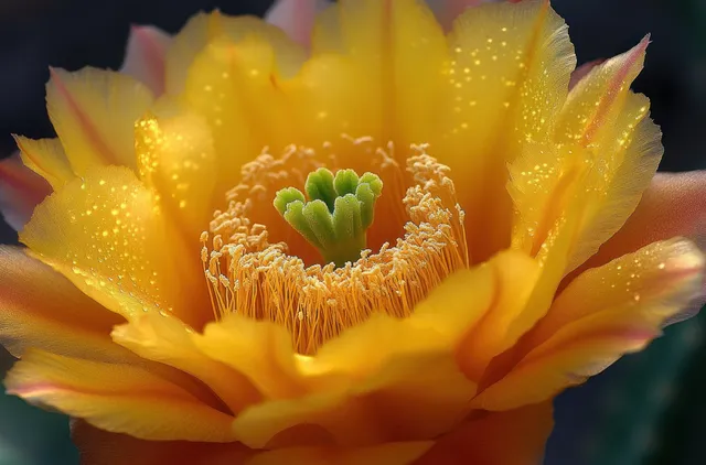 Yellow cactus flower closeup with visible stamen strands and softly blurred spring background.